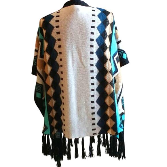 B-Sharp Mohair Blend Shrug Wmn's Sz M Multicolor Knit Fringed Southwestern Wrap - Picture 3 of 6